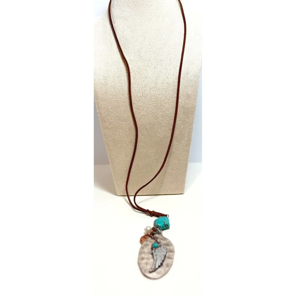 Long Boho Natural Stone Wing Blessed Charm Suede Cord Necklace